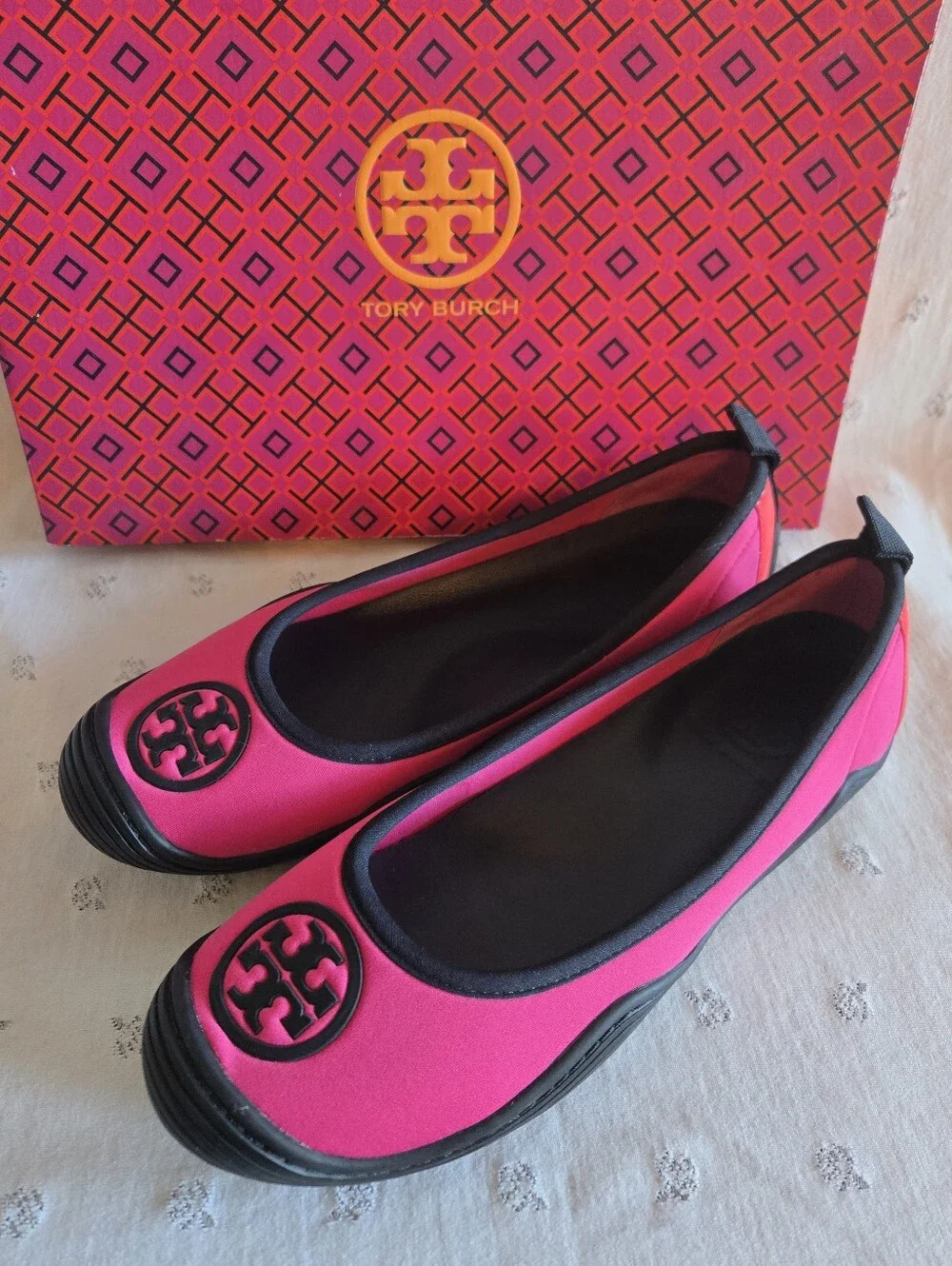 Tory Burch Hot Pink and Black Logo Slip-On Neoprene Water Shoes Size 9